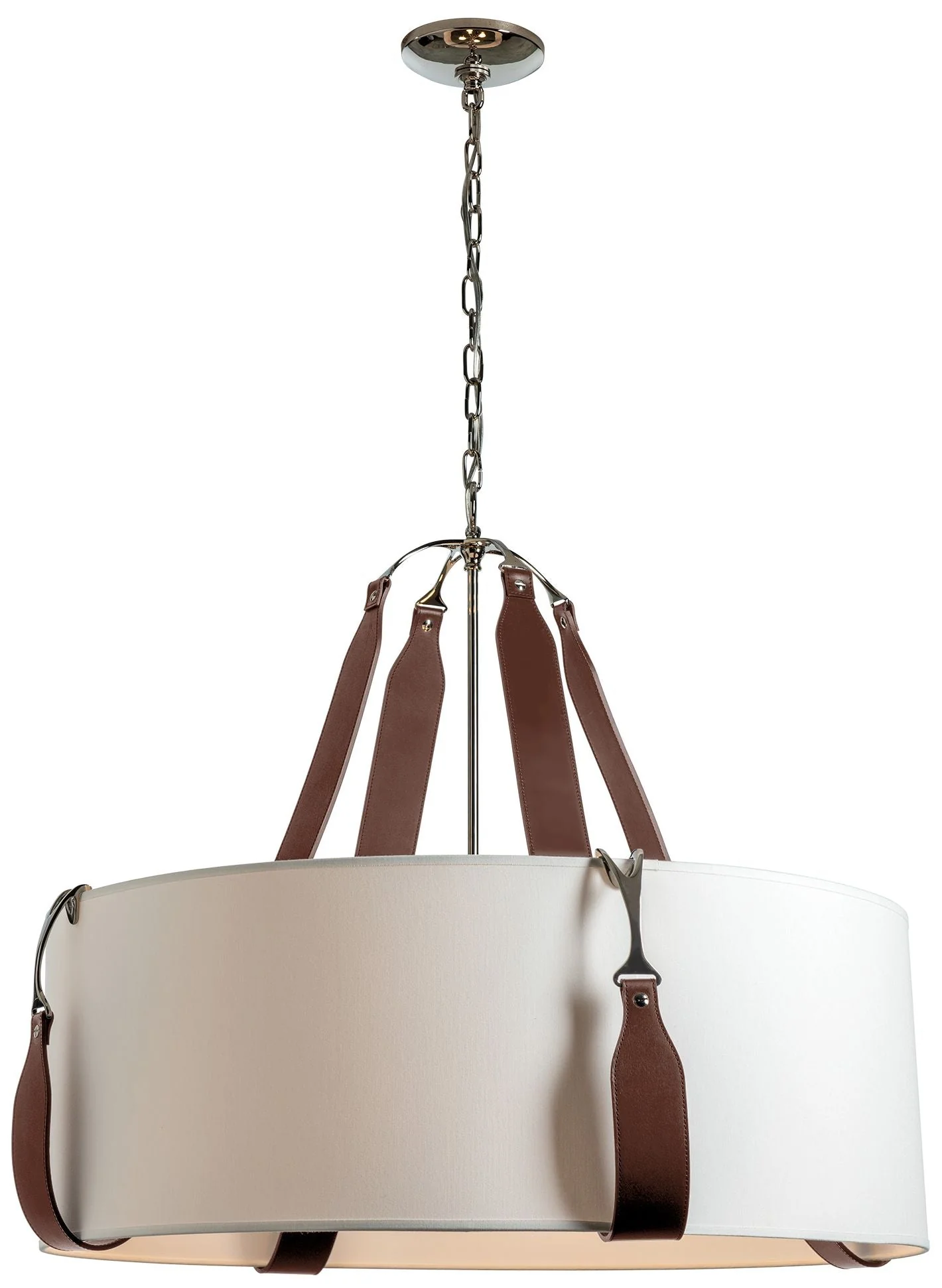 Saratoga 31.9"W Large Brown Leather Accented Polished Nickel Pendant - Image 1