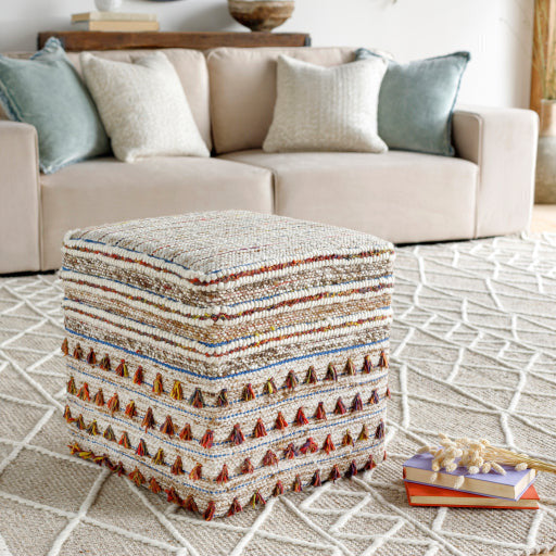 Surya Scotia Modern Boho Red, Yellow, Blue, Cream & Brown Woven Pouf Ottoman SCPF-001 - Image 1