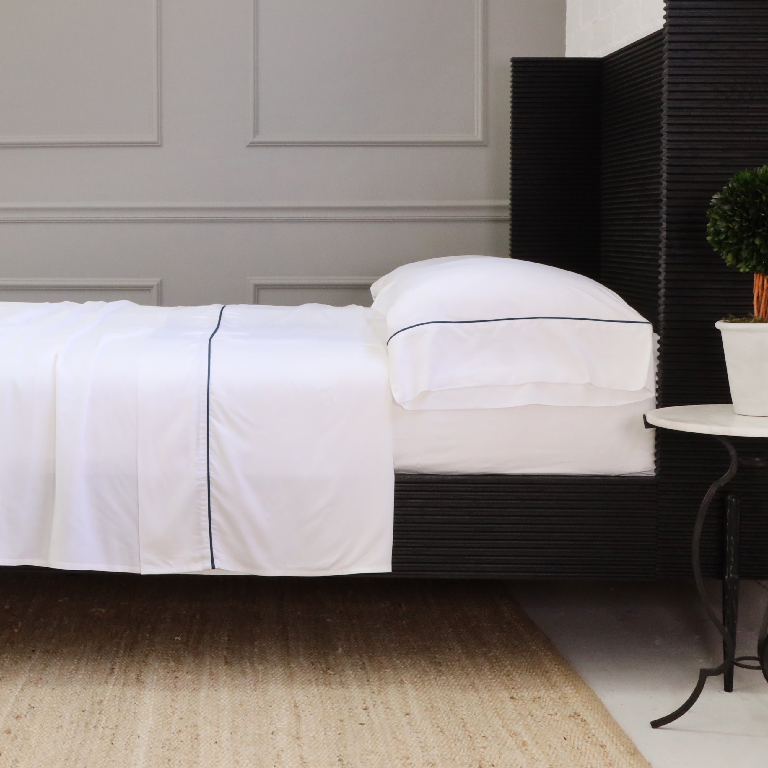 Pom Pom at Home Sheena Bamboo Sateen Sheet Set ~ Navy Piping ~ Available in Twin, Queen and King Sizes