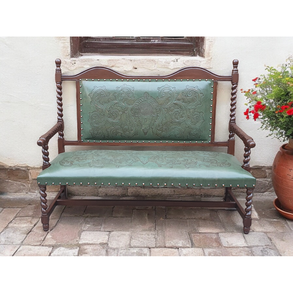 Casa Bonita Peruvian Hand-Carved Wood and Hand Tooled Leather Sienna Bench - Image 1