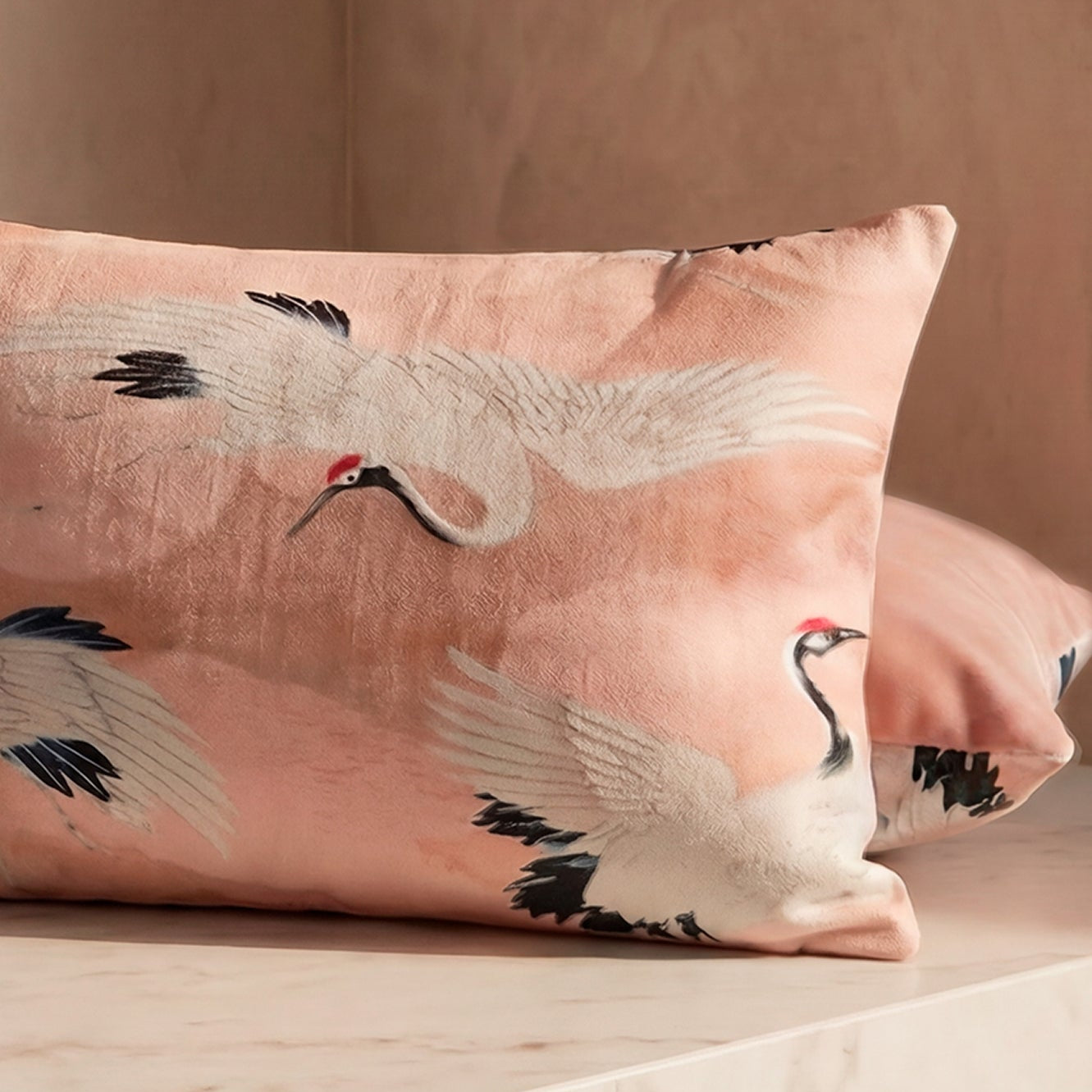 Sunday Citizen Crane in the Clouds Small Lumbar Pillow in Pink Sand ~ 22 in x 14 in - Image 1