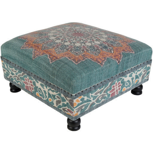 Surya Surat Modern Boho Sage, Blue, Saffron, Burnt Orange & Black Ottoman SURA-001 - Image 1