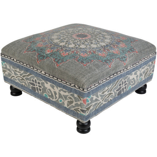 Surya Surat Modern Boho Charcoal, Red, Aqua, Ivory & Black Ottoman SURA-002