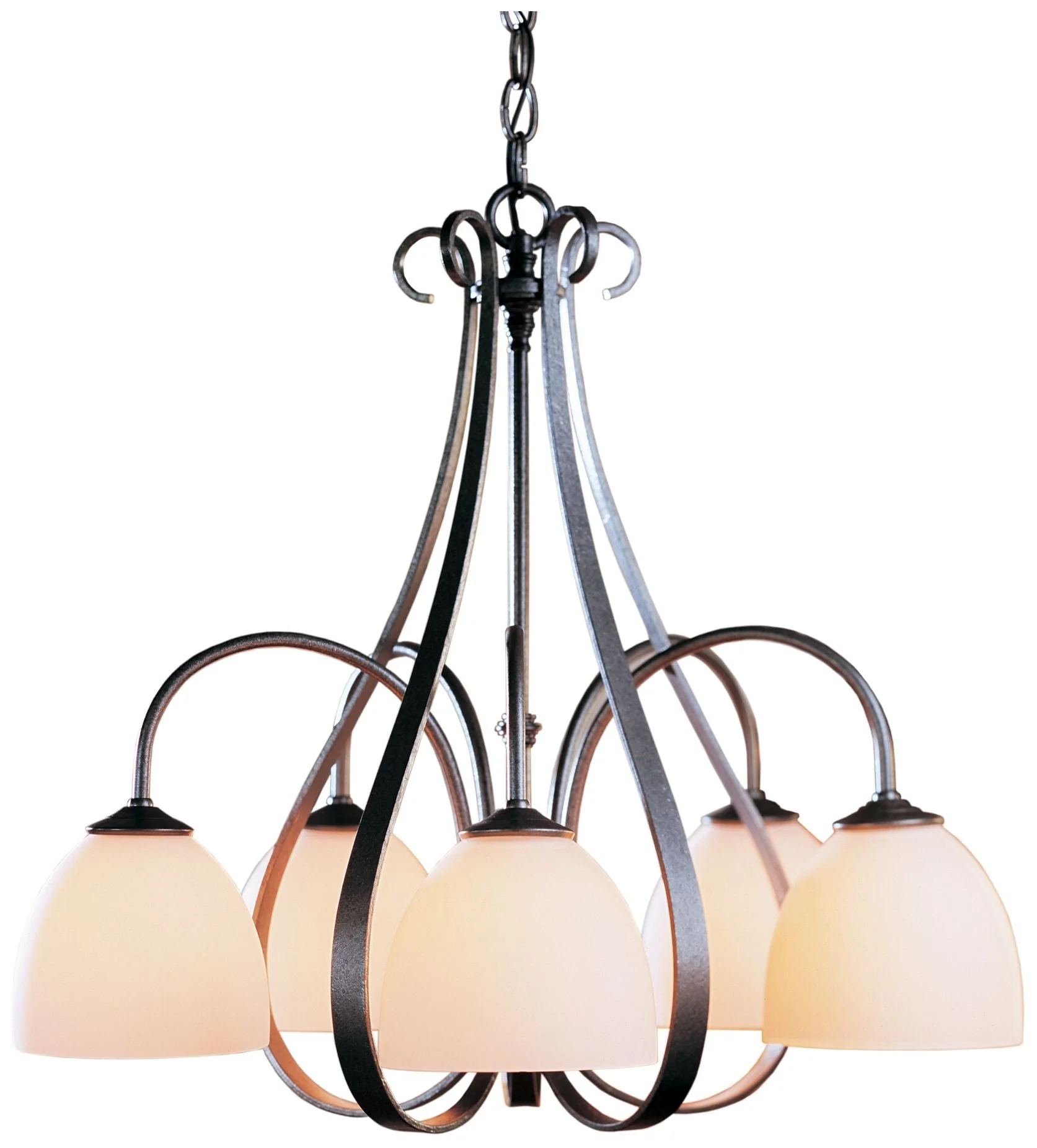 Sweeping Taper Natural Iron 5 Arm Chandelier With Opal Glass - Image 1
