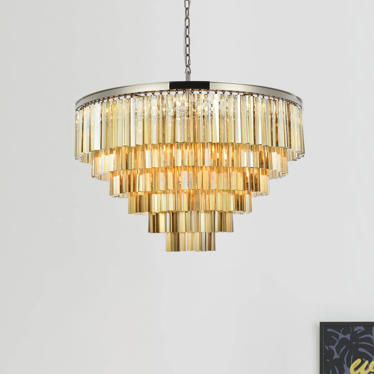 Sydney 33 Lt 44" Polished Nickel Chandelier Golden Teak - Image 1
