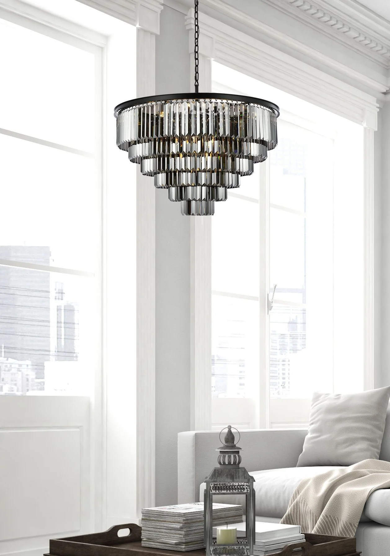 Sydney 33 Lt Matte Black Chandelier Silver Shade (Grey) - Image 3