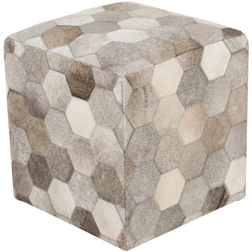 Surya Trail Modern Hair On Hide Light Gray, Gray & Charcoal Patched Leather Pouf Ottoman TLPF-001 - Image 2