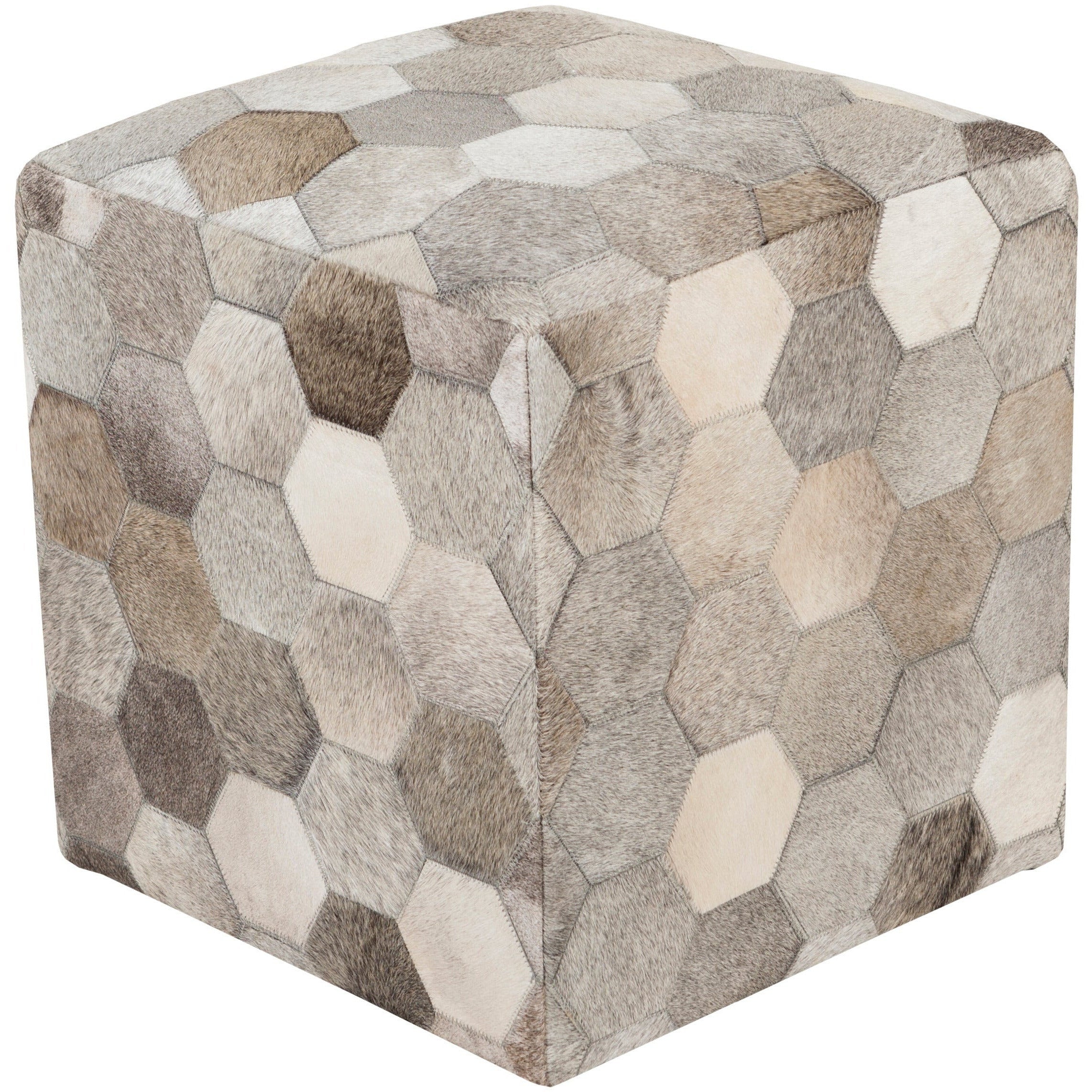 Surya Trail Modern Hair On Hide Light Gray, Gray & Charcoal Patched Leather Pouf Ottoman TLPF-001 - Image 3
