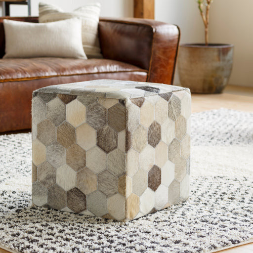 Surya Trail Modern Hair On Hide Light Gray, Gray & Charcoal Patched Leather Pouf Ottoman TLPF-001 - Image 1