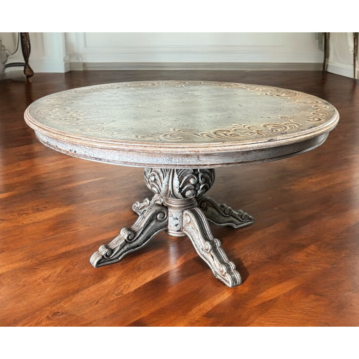 Casa Bonita Peruvian Hand-Painted and Carved Wood 60” Round Torino Dining Table in Rustic Plata - Image 1
