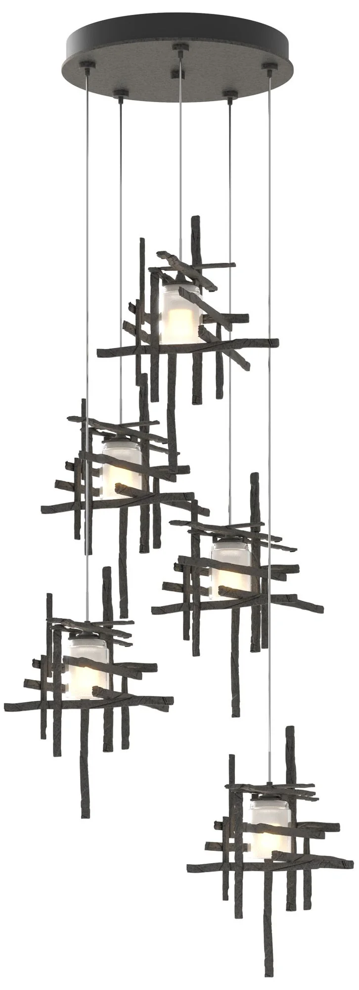Tura 27.3"W 5-Light Natural Iron Long Pendant w/ Frosted Cast Glass Sh - Image 1