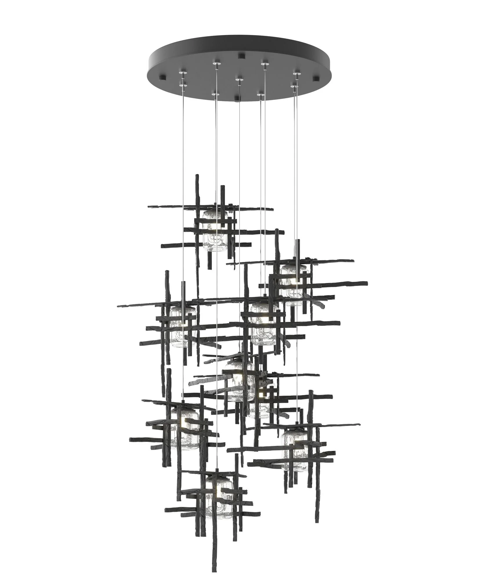 Tura 29.6"W 9-Light Round Black Standard Pendant w/ Seeded Glass Shade - Image 1