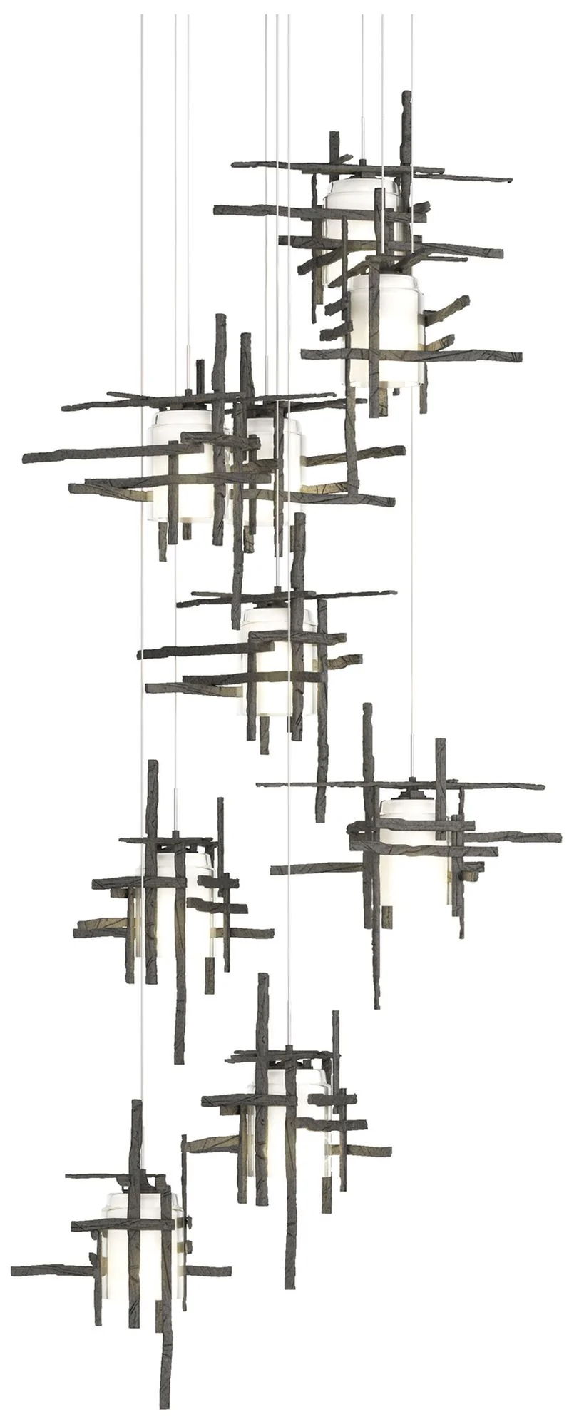 Tura 29.6"W 9-Light Round Natural Iron Long Pendant w/ Frosted Glass S - Image 1
