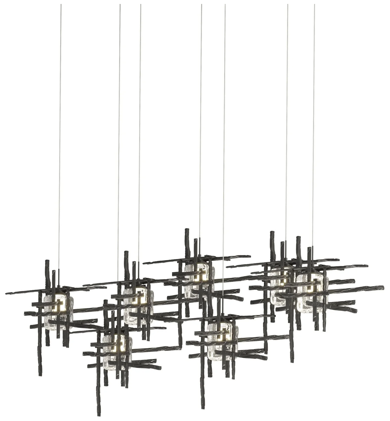 Tura 53.6"W 7-Light Rectangular Black Long Pendant w/ Seeded Glass Sha - Image 1