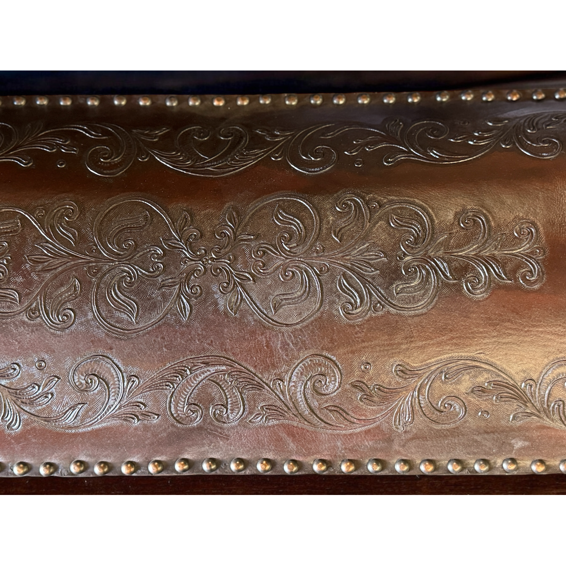 Casa Bonita Peruvian Hand-Carved Wood and Hand-Tooled Leather Turin Leather Bench - Image 3