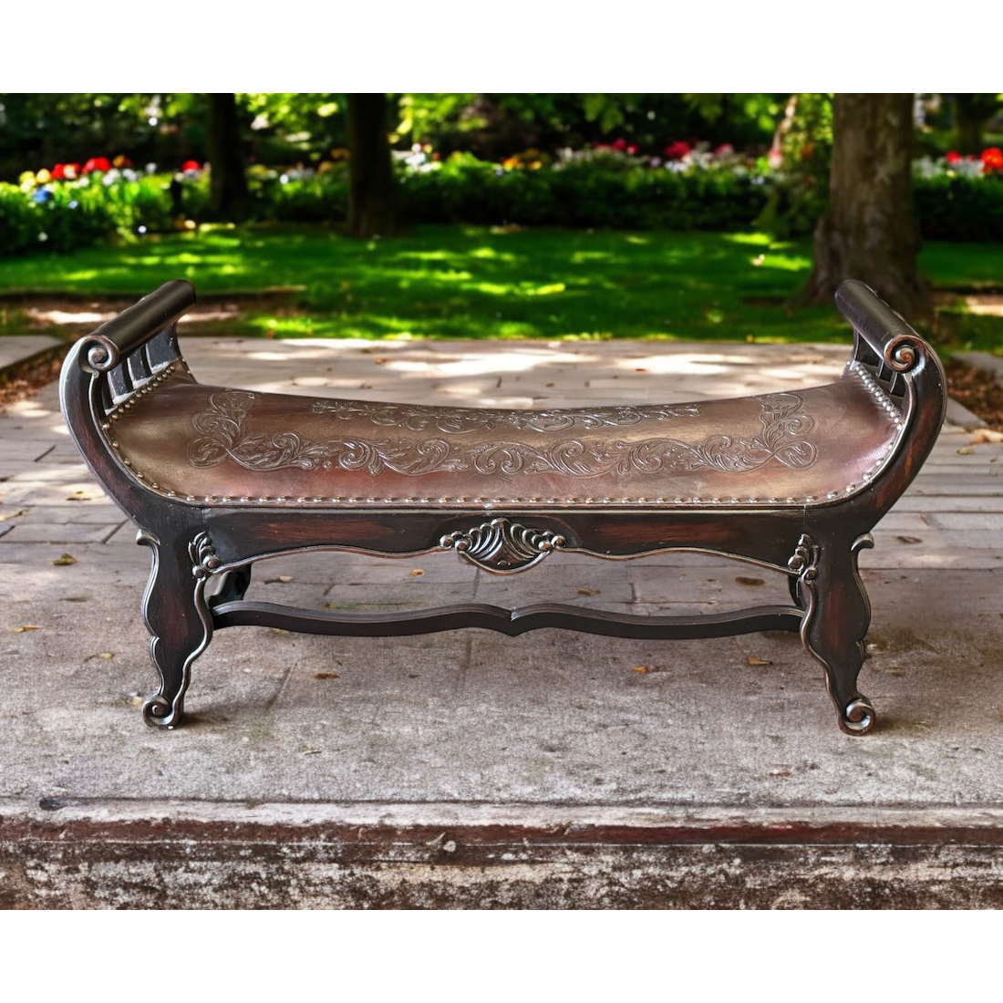Casa Bonita Peruvian Hand-Carved Wood and Hand-Tooled Leather Turin Leather Bench - Image 1