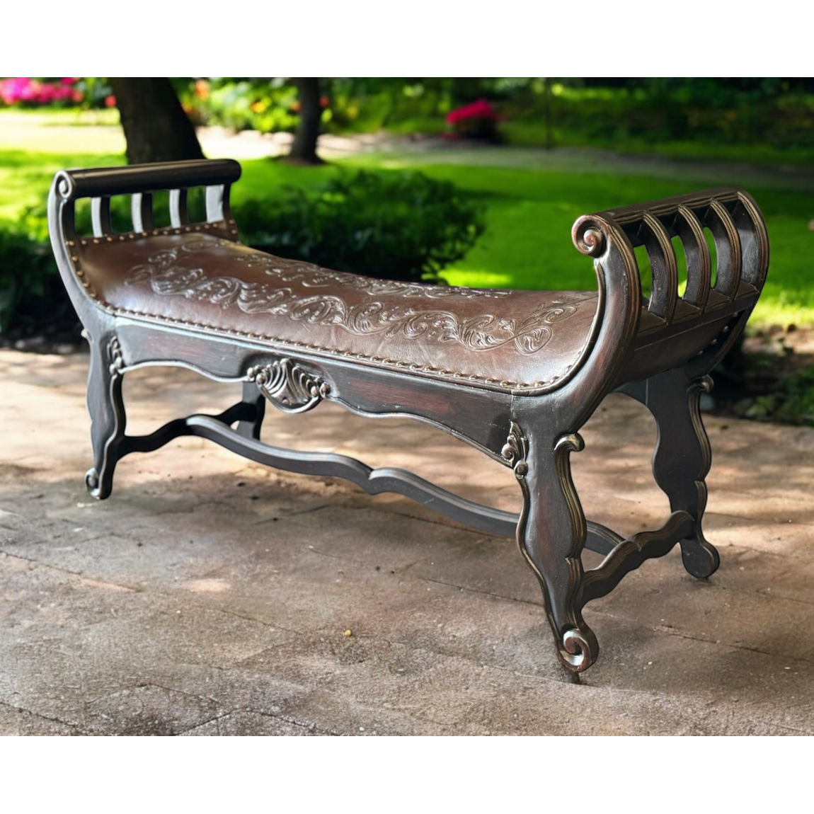 Casa Bonita Peruvian Hand-Carved Wood and Hand-Tooled Leather Turin Leather Bench - Image 2