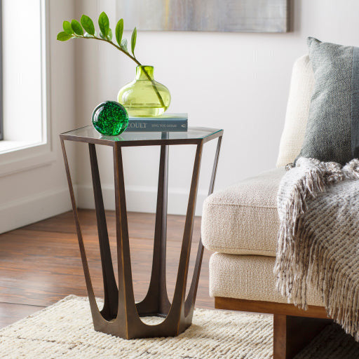 Surya Vortex Modern Glass Top With Brown Metal Base Accent Side Table VTX-001 - Image 1