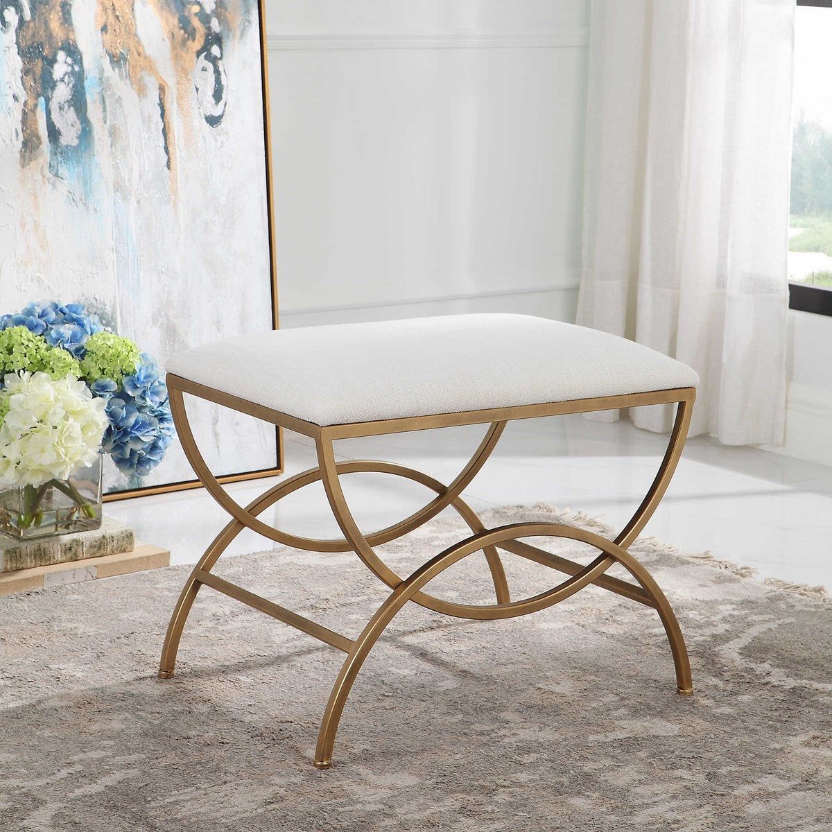 Casa Bella Living White Fabric Cushioned Top With Antique Brushed Brass Metal Accent Stool - Image 1