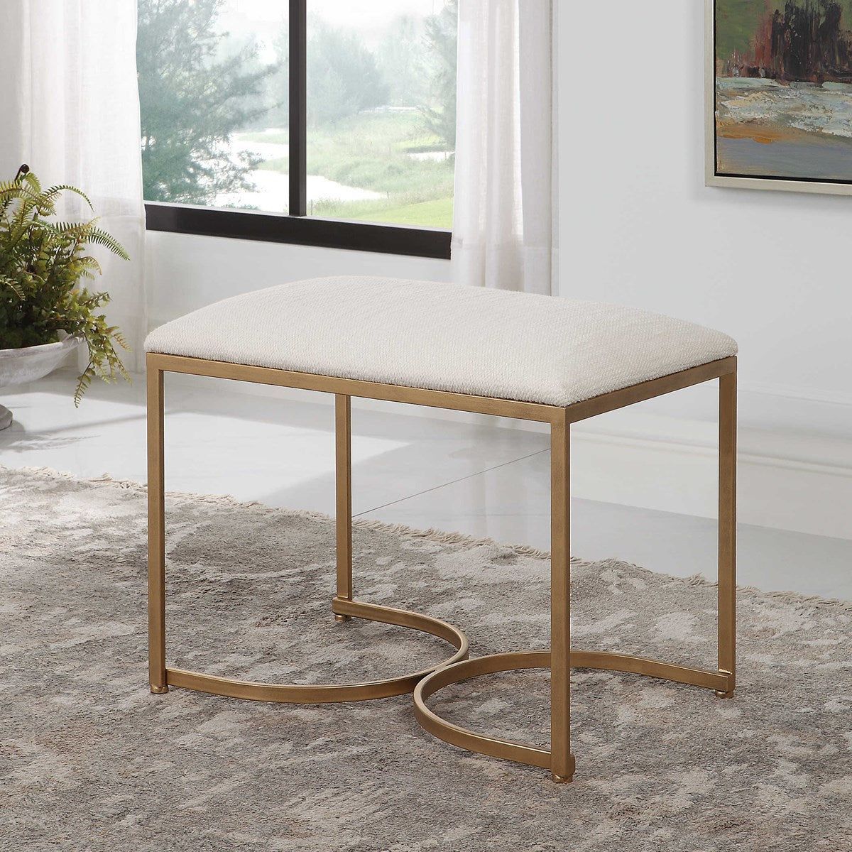 Casa Bella Living Crisp White Fabric Cushioned Top With Antique Brushed Brass Iron Accent Bench