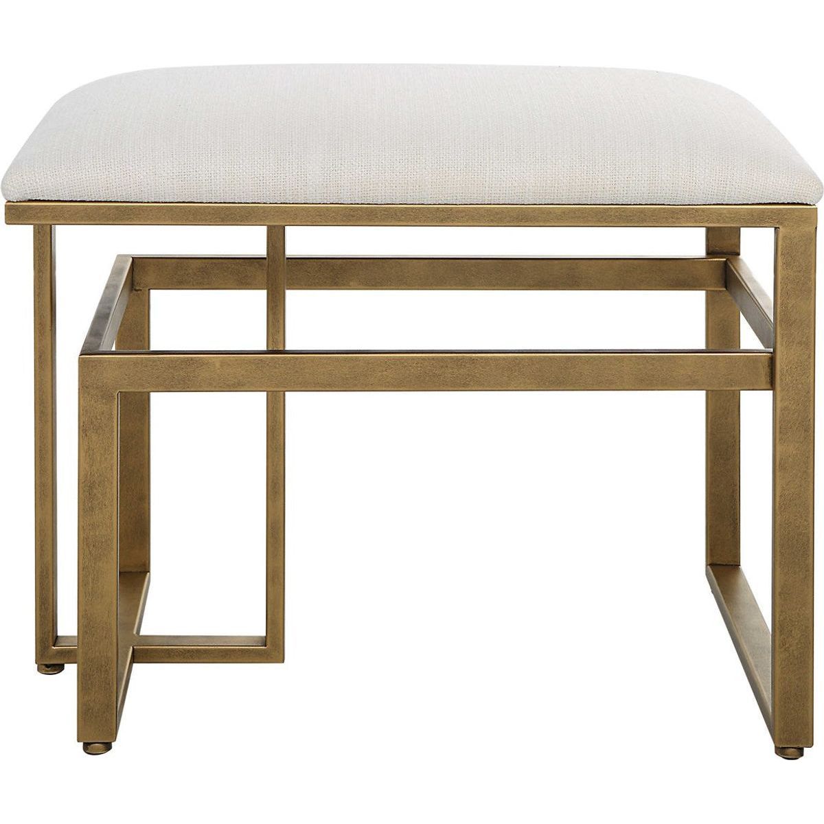 Casa Bella Living Off White Fabric Cushioned Top With Antique Brushed Brass Iron Modern Bench - Image 3
