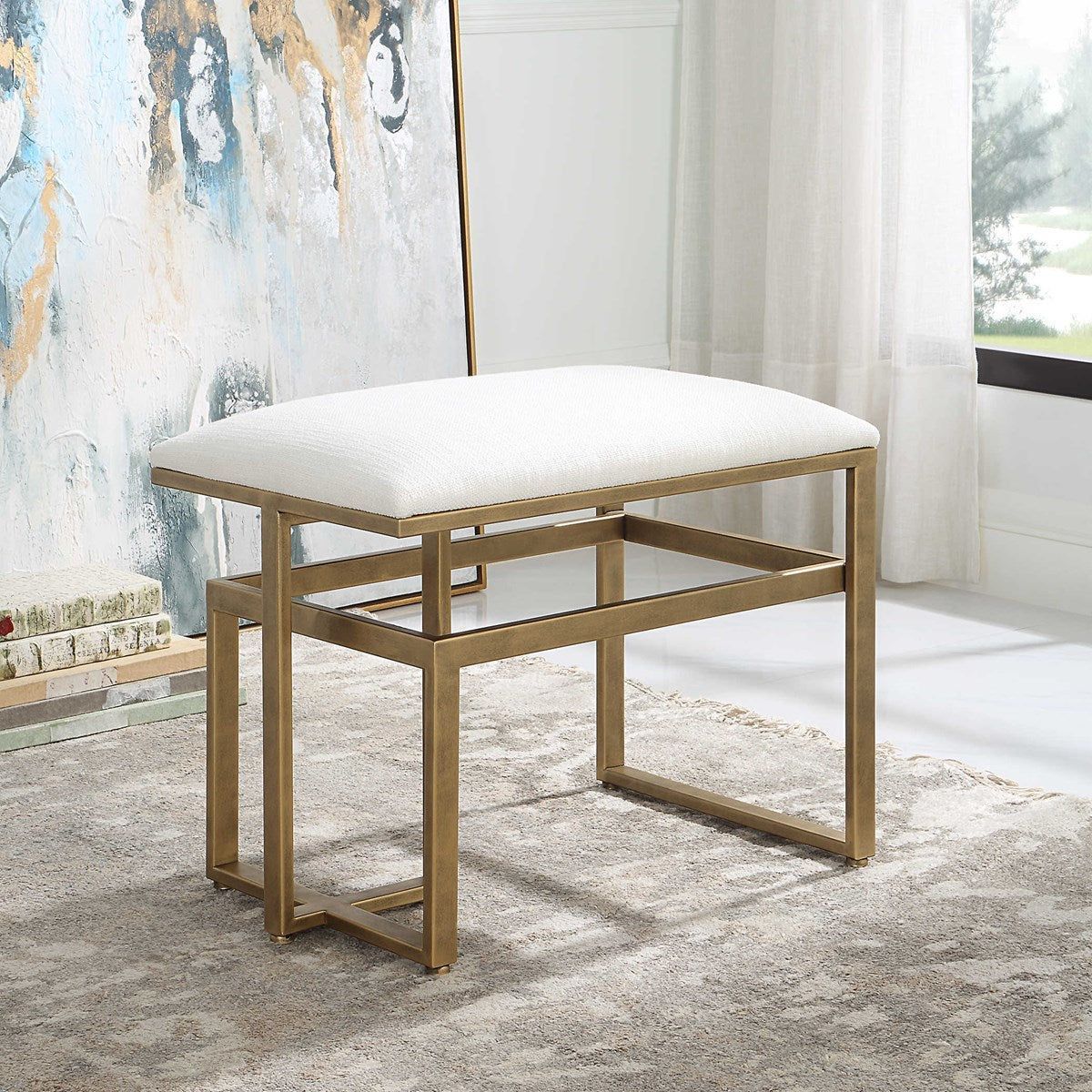 Casa Bella Living Off White Fabric Cushioned Top With Antique Brushed Brass Iron Modern Bench - Image 1