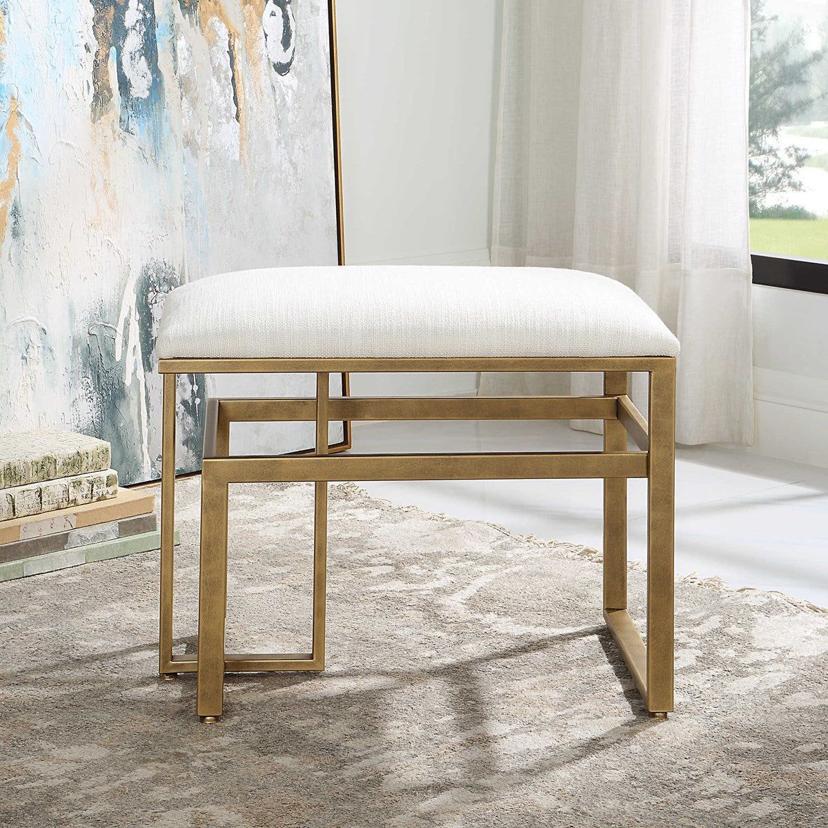 Casa Bella Living Off White Fabric Cushioned Top With Antique Brushed Brass Iron Modern Bench - Image 2
