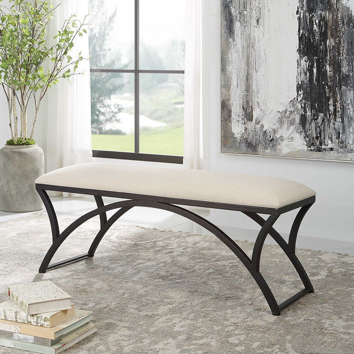 Casa Bella Living Oatmeal Fabric Cushioned Top With Rustic Black Iron Bench