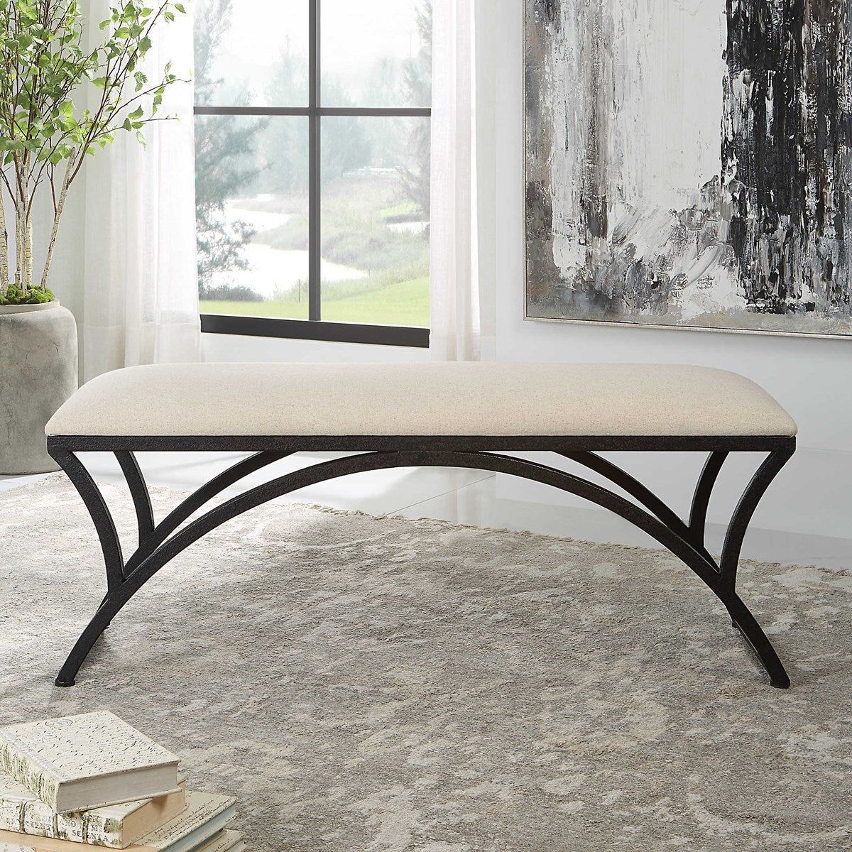 Casa Bella Living Oatmeal Fabric Cushioned Top With Rustic Black Iron Bench - Image 2