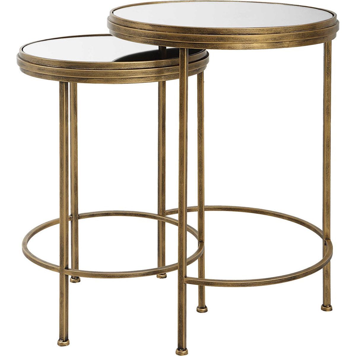 Casa Bella Living Mirrored Tops With Antique Brushed Gold Bases Set of 2 Round Nesting Tables - Image 2