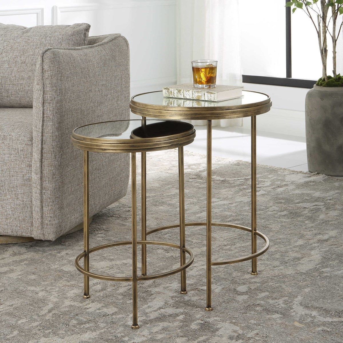 Casa Bella Living Mirrored Tops With Antique Brushed Gold Bases Set of 2 Round Nesting Tables - Image 1