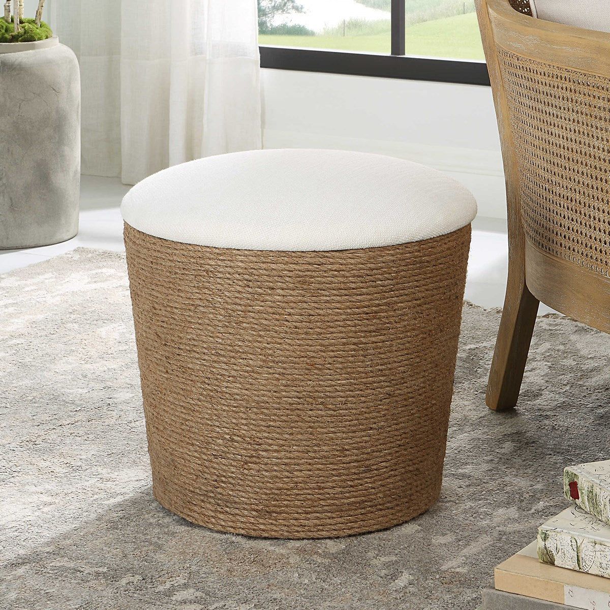 Casa Bella Living Off White Fabric Cushioned Top With Natural Fiber Rope Accent Stool