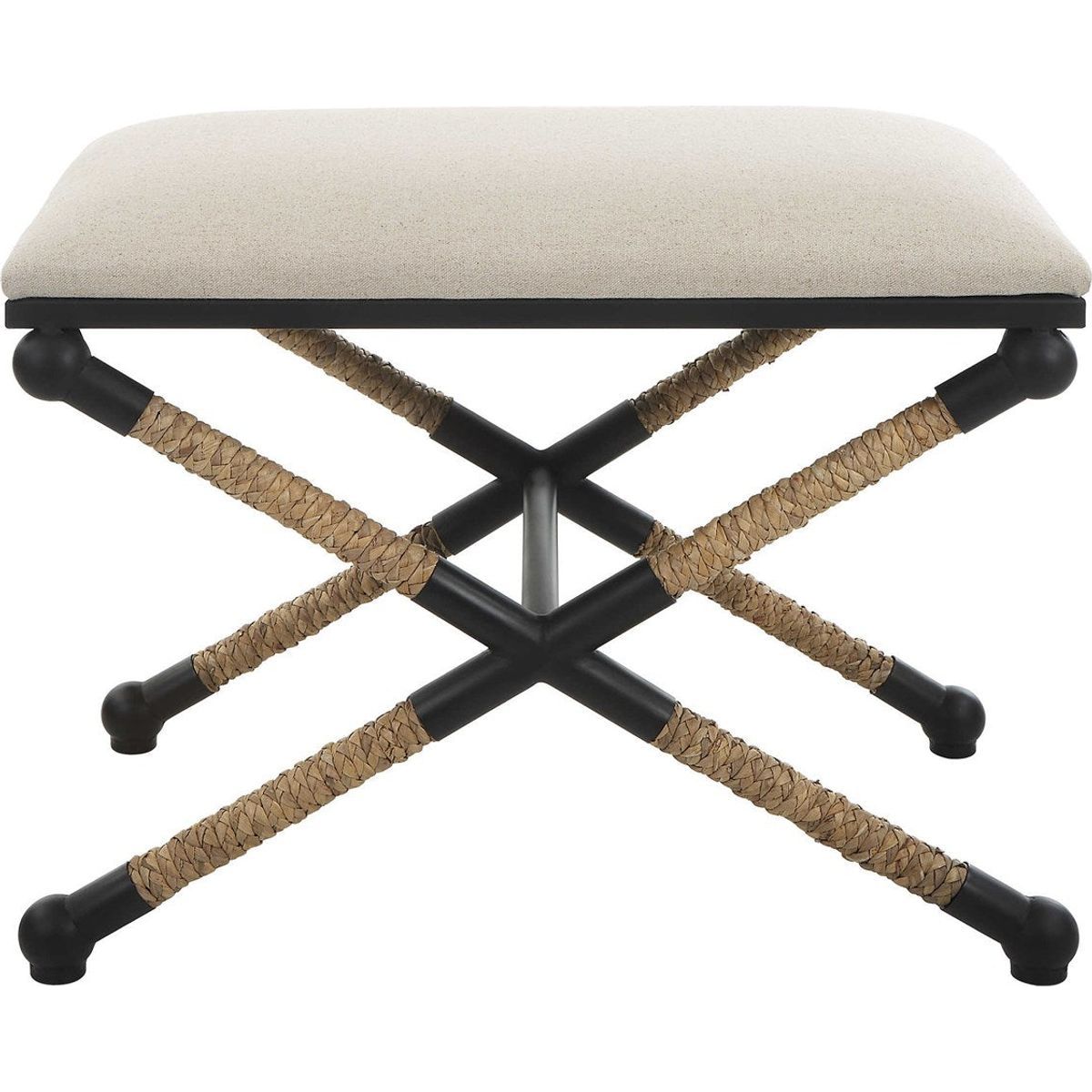Casa Bella Living Oatmeal Fabric Cushioned Top With Wrapped Straw and Black Iron Small Bench - Image 2