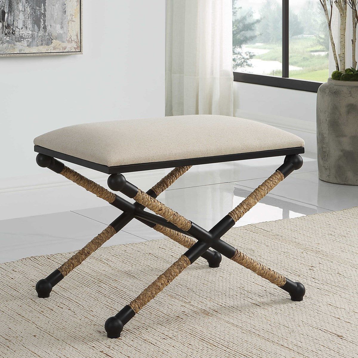 Casa Bella Living Oatmeal Fabric Cushioned Top With Wrapped Straw and Black Iron Small Bench - Image 3