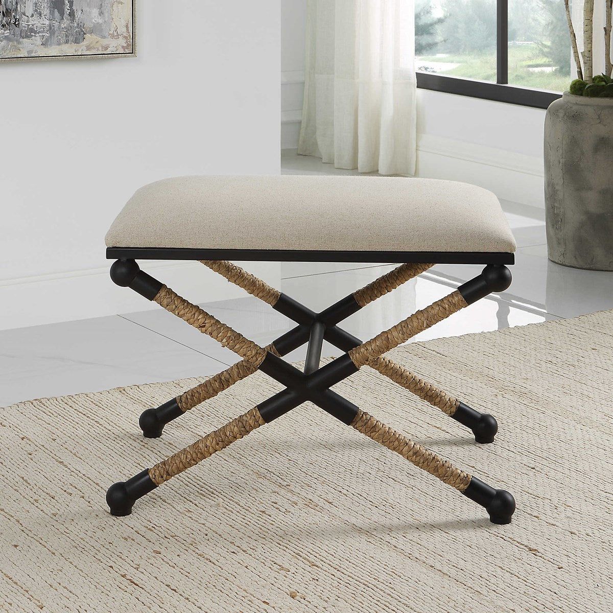 Casa Bella Living Oatmeal Fabric Cushioned Top With Wrapped Straw and Black Iron Small Bench - Image 1