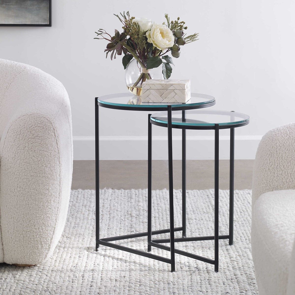 Casa Bella Living Glass Tops With Black Iron Bases Set of 2 Round Nesting Tables
