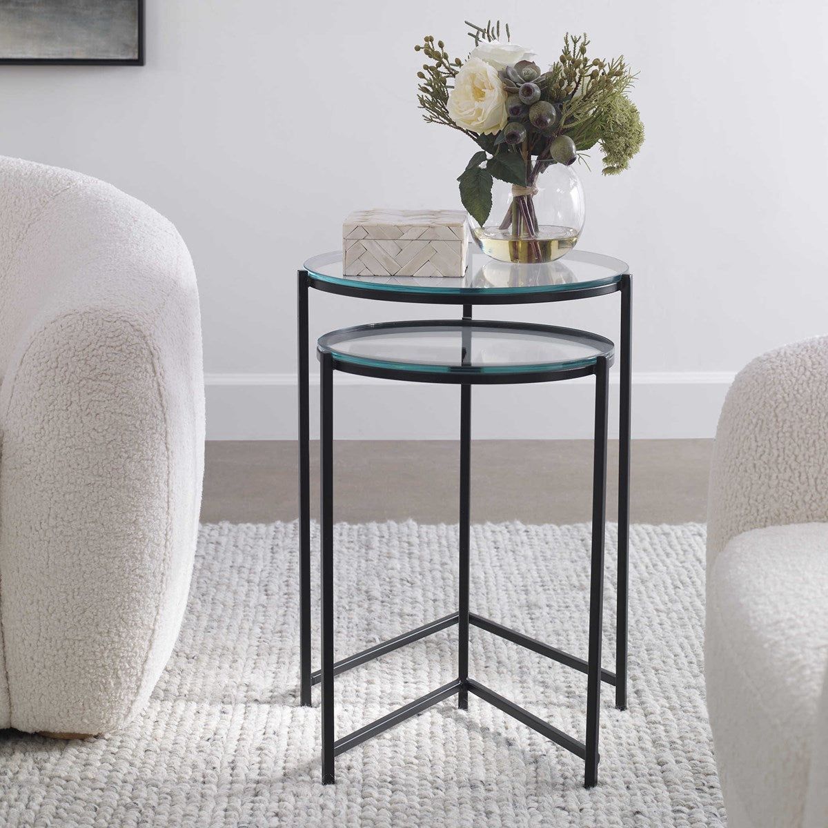 Casa Bella Living Glass Tops With Black Iron Bases Set of 2 Round Nesting Tables - Image 3