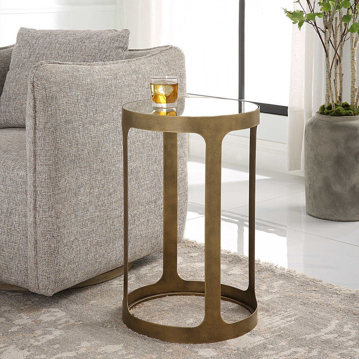 Casa Bella Living Tempered Glass Top With Antique Brushed Brass Metal Base Round Accent Side Table - Image 3