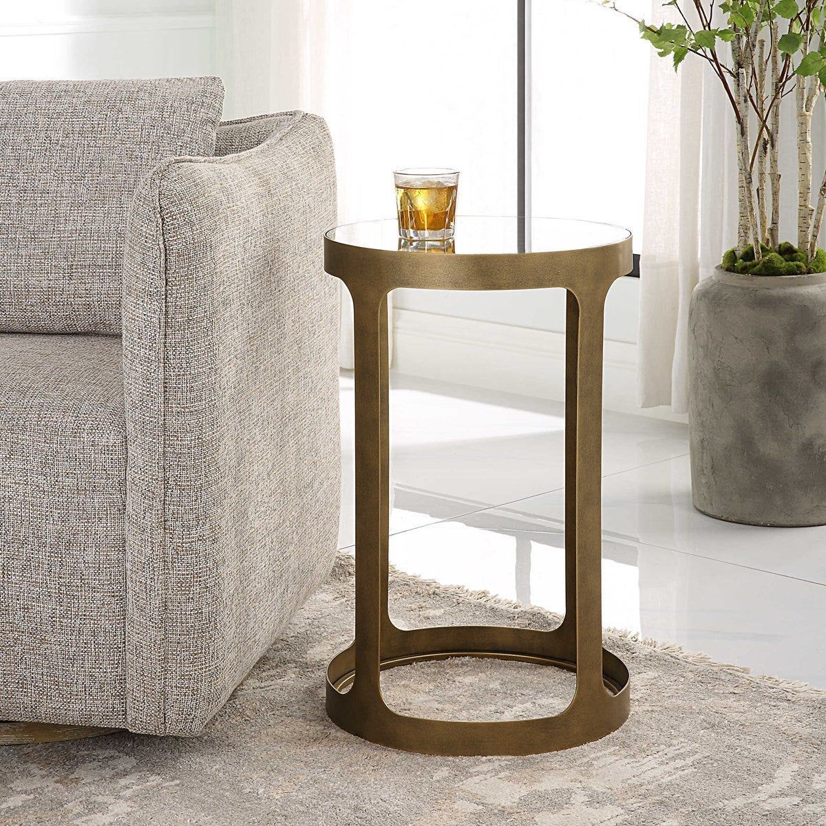 Casa Bella Living Tempered Glass Top With Antique Brushed Brass Metal Base Round Accent Side Table - Image 1
