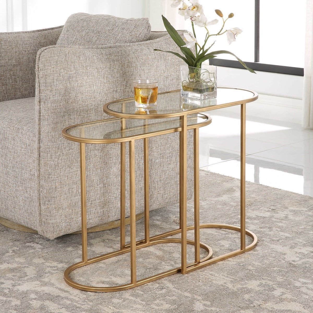 Casa Bella Living Glass Tops With Antique Brushed Brass Iron Bases Set of 2 Round Nesting Tables - Image 1