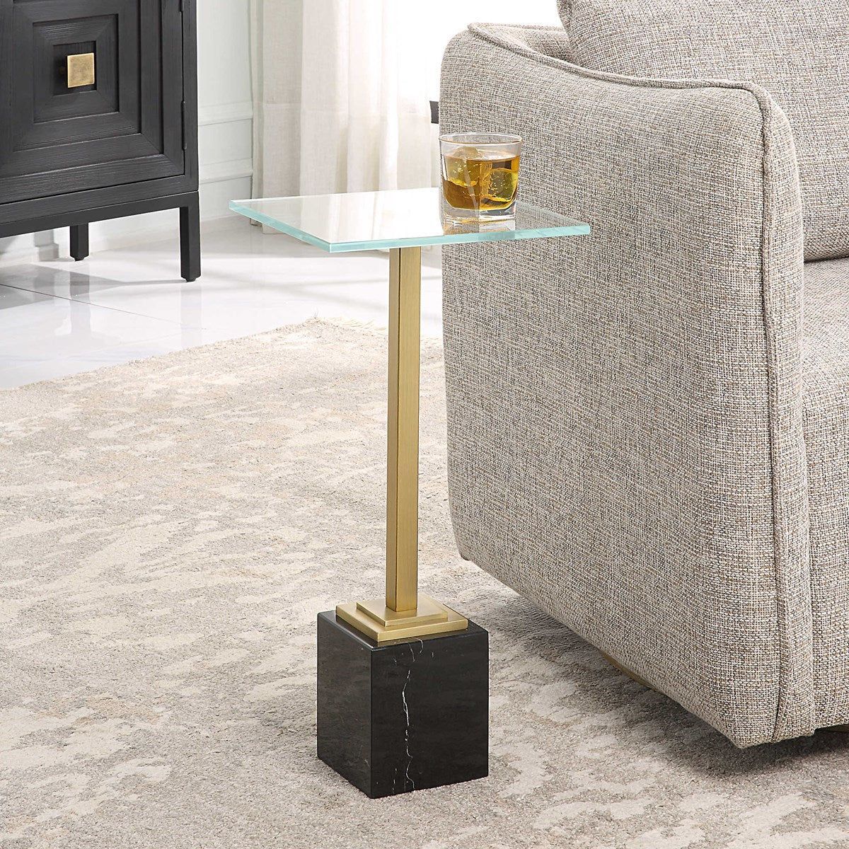 Casa Bella Living Tempered Glass Top With Brushed Brass and Black Marble Base Accent Drink Table - Image 1