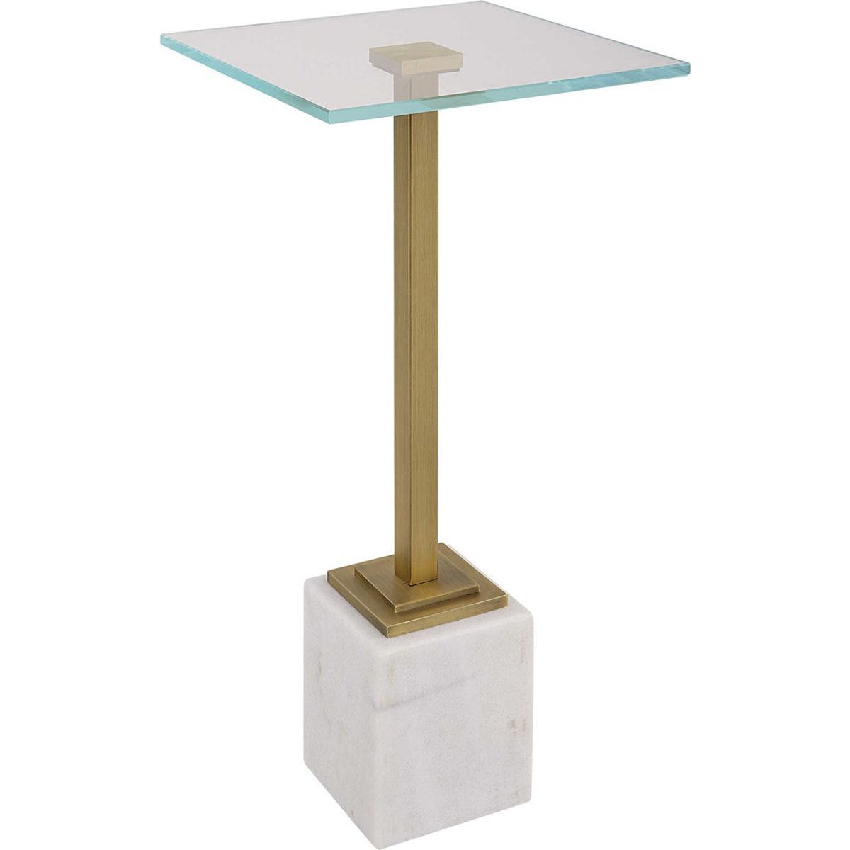 Casa Bella Living Tempered Glass Top With Brushed Brass and White Marble Base Drink Accent Table - Image 2