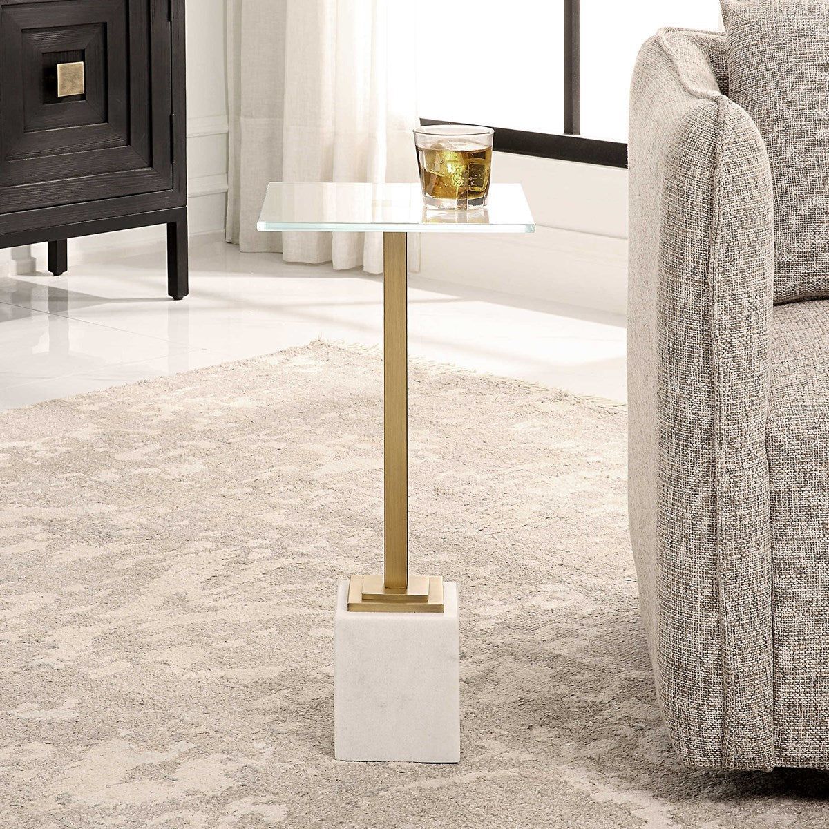 Casa Bella Living Tempered Glass Top With Brushed Brass and White Marble Base Drink Accent Table - Image 3