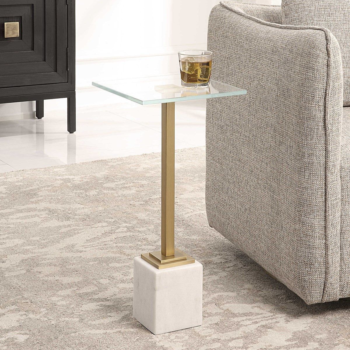 Casa Bella Living Tempered Glass Top With Brushed Brass and White Marble Base Drink Accent Table - Image 1