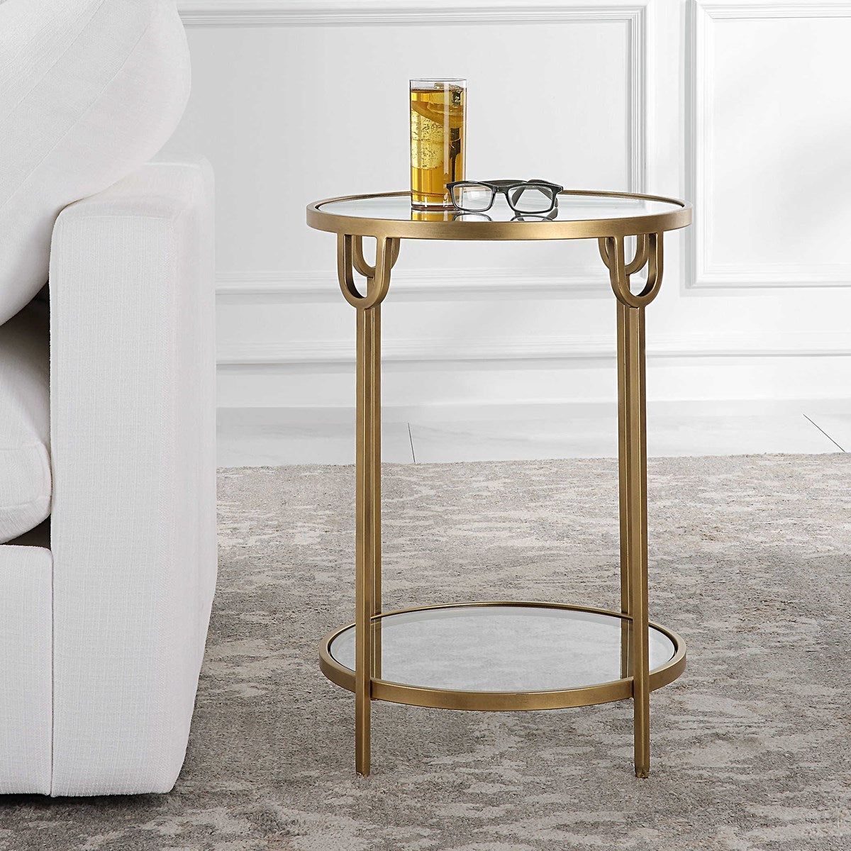 Casa Bella Living Mirrored Top and Glass Shelf With Antique Gold Iron Base Round Side Table - Image 3