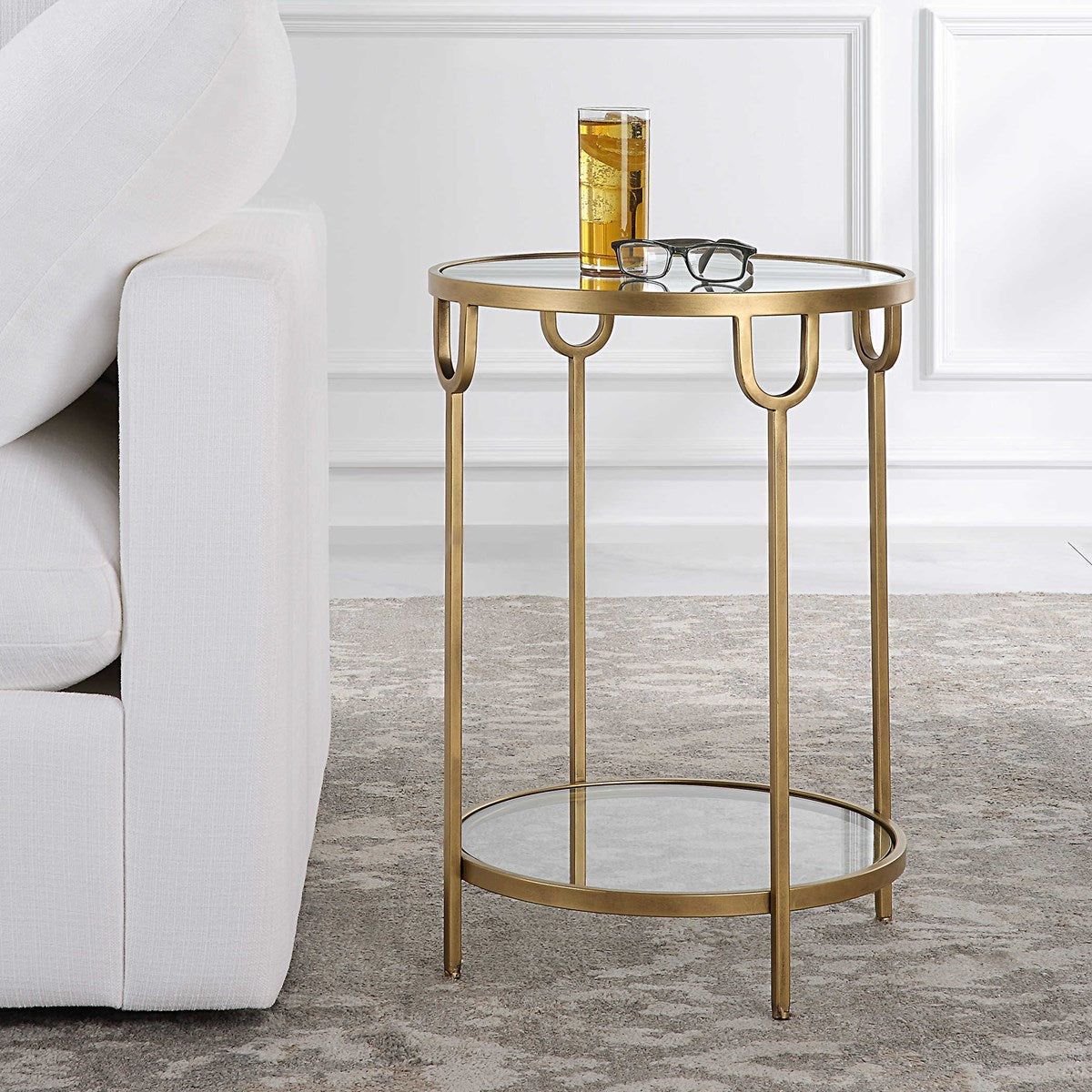 Casa Bella Living Mirrored Top and Glass Shelf With Antique Gold Iron Base Round Side Table - Image 1