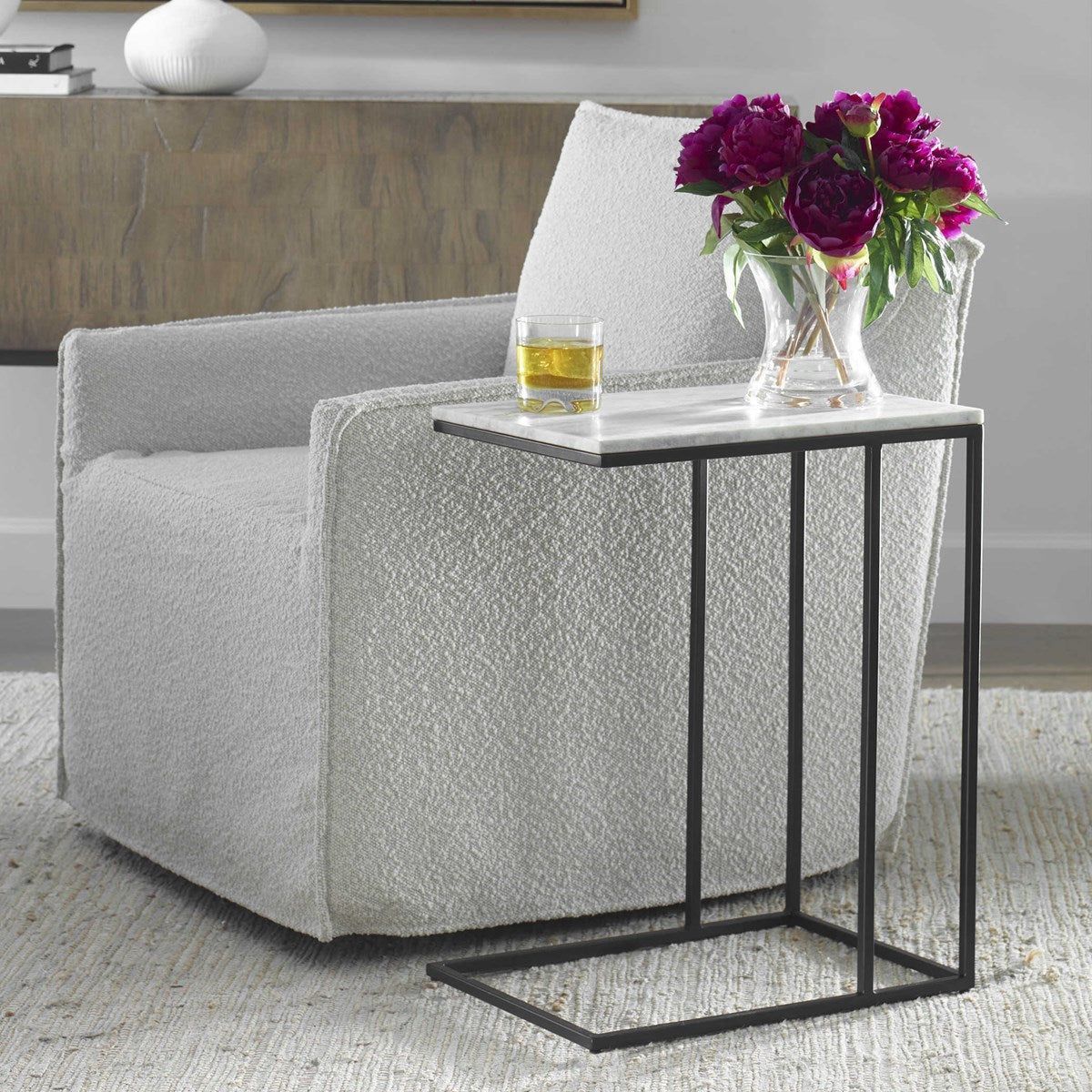 Casa Bella Living White Marble Top With Matte Black Metal Base Accent Side Table - Image 2