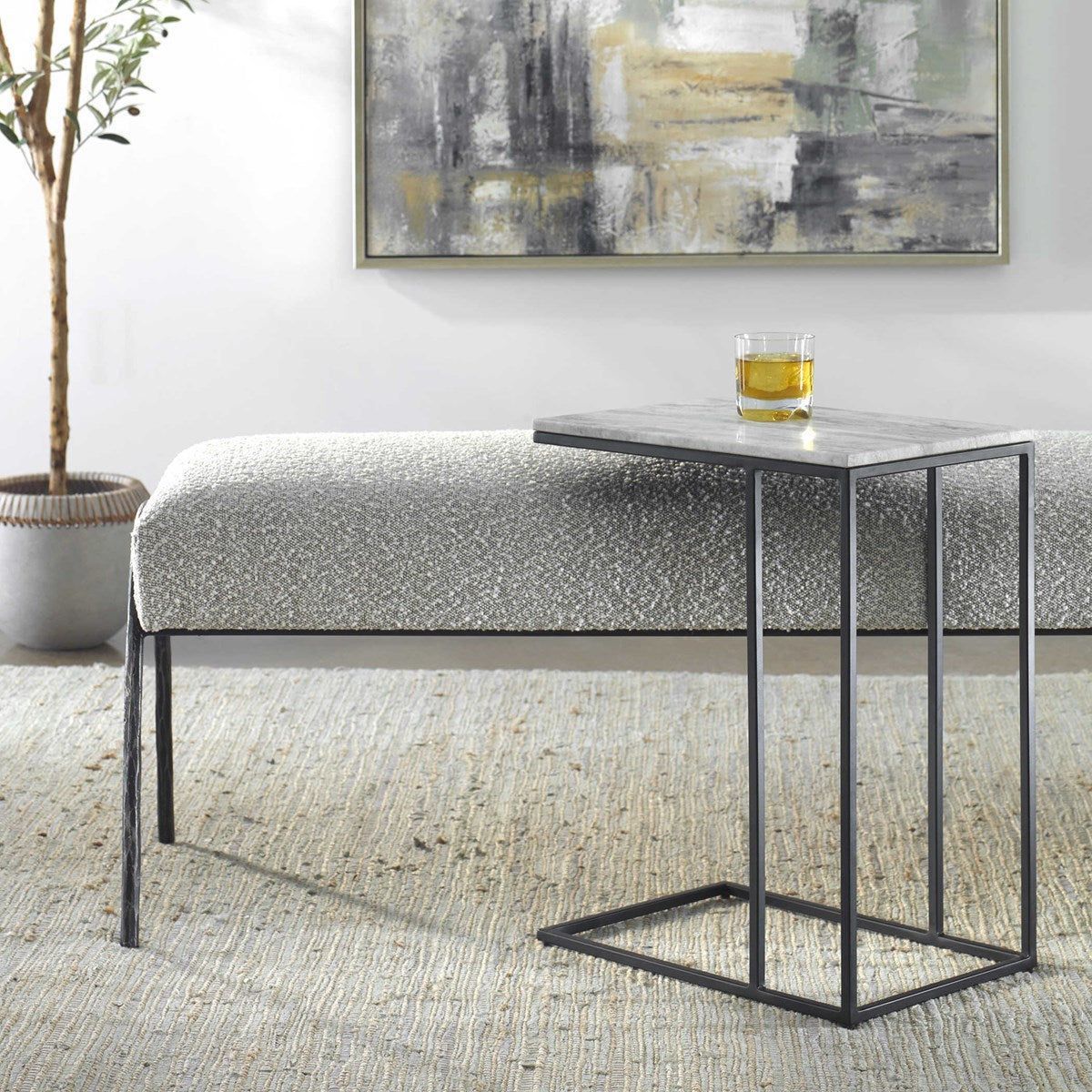 Casa Bella Living White Marble Top With Matte Black Metal Base Accent Side Table