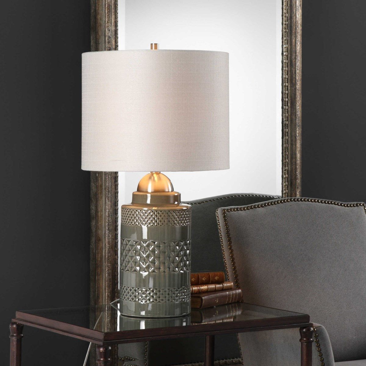 Casa Bella Living Off White Linen Drum Shade With Olive Glazed Ceramic Base Table Lamp