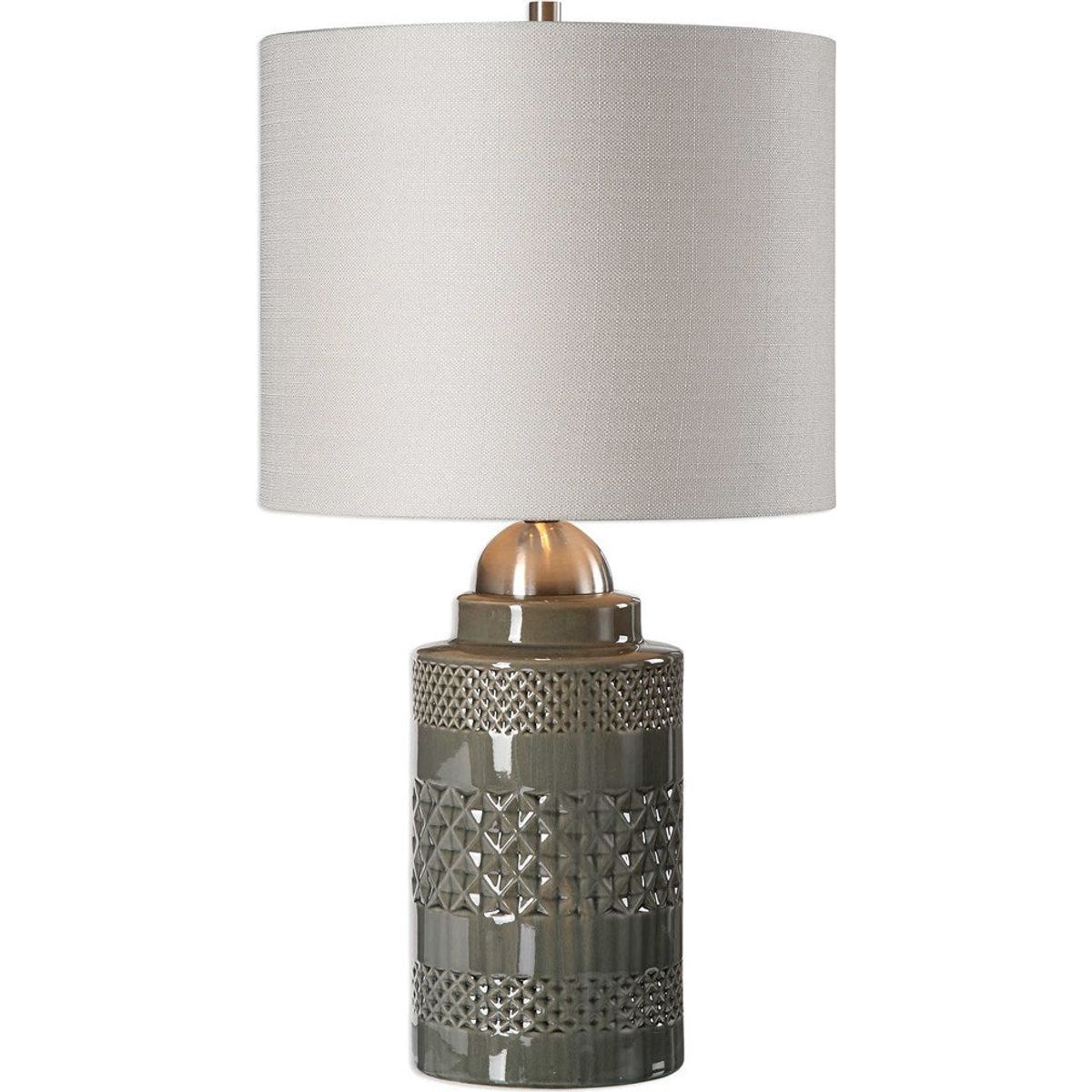 Casa Bella Living Off White Linen Drum Shade With Olive Glazed Ceramic Base Table Lamp - Image 2